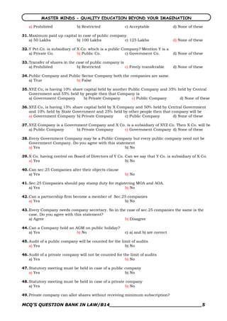 MASTER MINDS - QUALITY EDUCATION BEYOND YOUR IMAGINATION

   a) Prohibited              b) Restricted             c) Acceptable              d) None of these

31. Maximum paid up capital in case of public company.
    a) 50 Lakhs            b) 100 Lakhs             c) 125 Lakhs                   d) None of these

32. Y Pvt.Co. is subsidiary of X Co. which is a public Company? Mention Y is a
    a) Private Co.             b) Public Co.             c) Government Co.         d) None of these

33. Transfer of shares in the case of public company is
    a) Prohibited             b) Restricted             c) Freely transferable     d) None of these

34. Public Company and Public Sector Company both the companies are same.
    a) True                b) False

35. XYZ Co, is having 10% share capital held by another Public Company and 35% held by Central
    Government and 55% held by people then that Company is
    a) Government Company       b) Private Company       c) Public Company      d) None of these

36. XYZ Co, is having 15% share capital held by X Company and 50% held by Central Government
    and 10% held by State Government and 25% held by other people then that company will be
    a) Government Company b) Private Company         c) Public Company       d) None of these

37. XYZ Company is a Government Company and X Co. is a subsidiary of XYZ Co. Then X Co. will be
    a) Public Company      b) Private Company   c) Government Company d) None of these

38. Every Government Company may be a Public Company but every public company need not be
    Government Company. Do you agree with this statement
    a) Yes                                          b) No

39. X Co. having control on Board of Directors of Y Co. Can we say that Y Co. is subsidiary of X Co.
    a) Yes                                              b) No

40. Can sec.25 Companies alter their objects clause
    a) Yes                                              b) No

41. Sec.25 Companies should pay stamp duty for registering MOA and AOA.
    a) Yes                                           b) No

42. Can a partnership firm become a member of Sec.25 companies
    a) Yes                                         b) No

43. Every Company needs company secretary. So in the case of sec.25 companies the same is the
    case. Do you agree with this statement?
    a) Agree                                        b) Disagree

44. Can a Company hold an AGM on public holiday?
    a) Yes                 b) No                        c) a) and b) are correct

45. Audit of a public company will be counted for the limit of audits
    a) Yes                                              b) No

46. Audit of a private company will not be counted for the limit of audits
    a) Yes                                              b) No

47. Statutory meeting must be held in case of a public company
    a) Yes                                             b) No

48. Statutory meeting must be held in case of a private company
    a) Yes                                             b) No

49. Private company can allot shares without receiving minimum subscription?

MCQ’S QUESTION BANK IN LAW/B14_______________________________5 
 