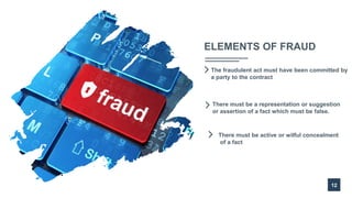 ELEMENTS OF FRAUD
12
The fraudulent act must have been committed by
a party to the contract
There must be a representation or suggestion
or assertion of a fact which must be false.
There must be active or wilful concealment
of a fact
 
