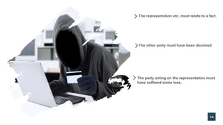 14
The representation etc. must relate to a fact.
The other party must have been deceived
The party acting on the representation must
have suffered some loss.
 