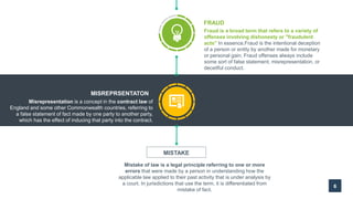 6
Fraud is a broad term that refers to a variety of
offenses involving dishonesty or "fraudulent
acts" In essence,Fraud is the intentional deception
of a person or entity by another made for monetary
or personal gain. Fraud offenses always include
some sort of false statement, misrepresentation, or
deceitful conduct.
FRAUD
Misrepresentation is a concept in the contract law of
England and some other Commonwealth countries, referring to
a false statement of fact made by one party to another party,
which has the effect of inducing that party into the contract.
MISREPRSENTATON
MISTAKE
Mistake of law is a legal principle referring to one or more
errors that were made by a person in understanding how the
applicable law applied to their past activity that is under analysis by
a court. In jurisdictions that use the term, it is differentiated from
mistake of fact.
 