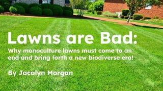 Lawns are Bad:
Why monoculture lawns must come to an
end and bring forth a new biodiverse era!
By Jacalyn Morgan
 