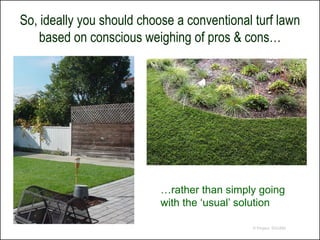 So, ideally you should choose a conventional turf lawn
    based on conscious weighing of pros & cons…




                           …rather than simply going
                           with the ‘usual’ solution

                                             © Project SOUND
 