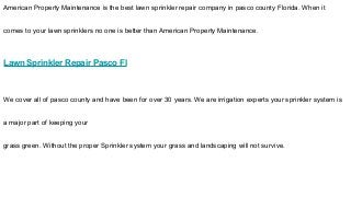 American Property Maintenance is the best lawn sprinkler repair company in pasco county Florida. When it
comes to your lawn sprinklers no one is better than American Property Maintenance.
Lawn Sprinkler Repair Pasco Fl
We cover all of pasco county and have been for over 30 years. We are irrigation experts your sprinkler system is
a major part of keeping your
grass green. Without the proper Sprinkler system your grass and landscaping will not survive.
 
