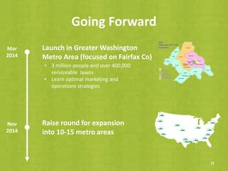 Going Forward
12
Launch in Greater Washington
Metro Area (focused on Fairfax Co)
Raise round for expansion
into 10-15 metro areas
• 3 million people and over 400,000
serviceable lawns
• Learn optimal marketing and
operations strategies
Mar
2014
Nov
2014
 