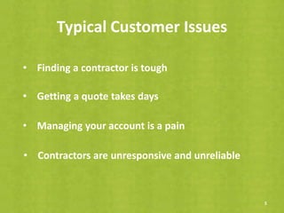 Typical Customer Issues
5
• Contractors are unresponsive and unreliable
• Managing your account is a pain
• Finding a contractor is tough
• Getting a quote takes days
 