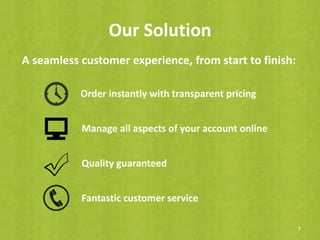 Our Solution
7
A seamless customer experience, from start to finish:
Order instantly with transparent pricing
Manage all aspects of your account online
Quality guaranteed
Fantastic customer service
 