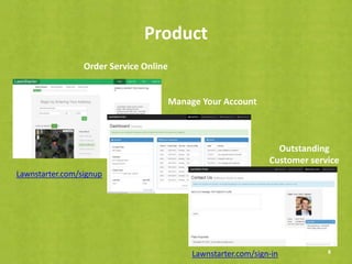 Product
8
Order Service Online
Manage Your Account
Outstanding
Customer service
Lawnstarter.com/signup
Lawnstarter.com/sign-in
 
