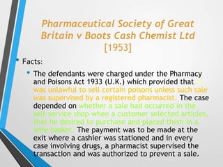 Pharmaceutical Society of Great
Britain v Boots Cash Chemist Ltd
[1953]
• Facts:
• The defendants were charged under the P...