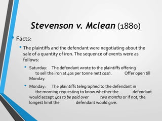 Stevenson v. Mclean (1880)
• Facts:
• The plaintiffs and the defendant were negotiating about the
sale of a quantity of ir...