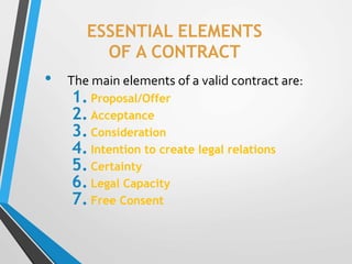 ESSENTIAL ELEMENTS
OF A CONTRACT
• The main elements of a valid contract are:
1. Proposal/Offer
2. Acceptance
3. Considera...