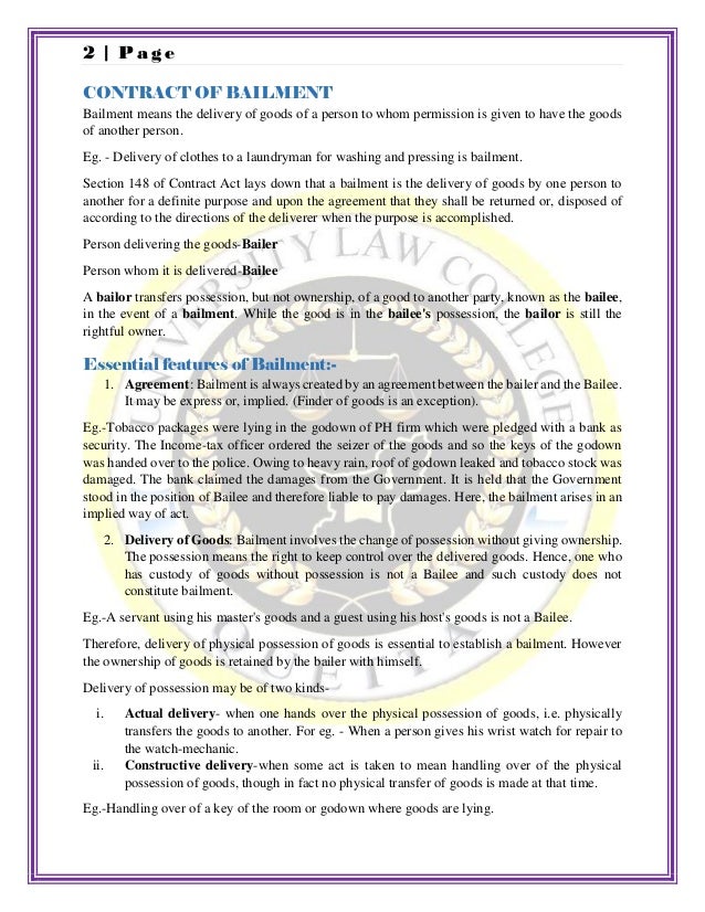 Contract of Bailment and Rights and Duties of Bailer and Bailee