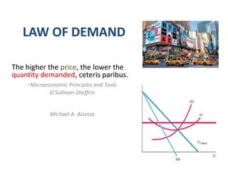 LAW OF DEMAND
The higher the price, the lower the
quantity demanded, ceteris paribus.
-Microeconomic Principles and Tools
O’Sullivan-Sheffrin
Michael A. ALonzo
 