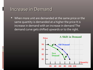 Increase in DemandIncrease in Demand
 When more unit are demanded at the same price or the
same quantity is demanded at a higher the price It is
increase in demand with an increase in demand The
demand curve gets shifted upwards or to the right.
 