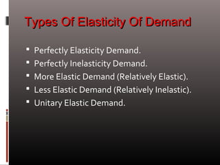 Types Of Elasticity Of DemandTypes Of Elasticity Of Demand
 Perfectly Elasticity Demand.
 Perfectly Inelasticity Demand.
 More Elastic Demand (Relatively Elastic).
 Less Elastic Demand (Relatively Inelastic).
 Unitary Elastic Demand.
 