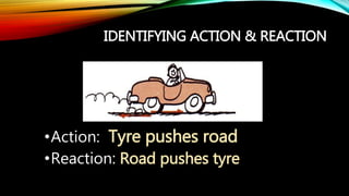 IDENTIFYING ACTION & REACTION
•Action: Tyre pushes road
•Reaction: Road pushes tyre
 