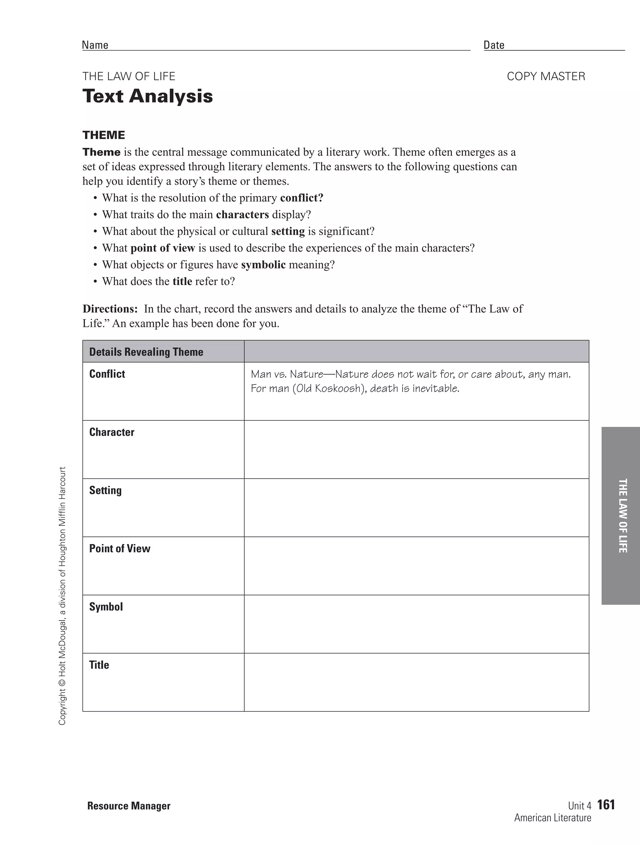 Law of life theme graphic organizer PDF