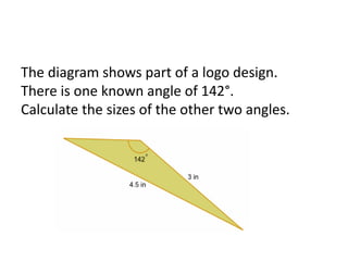The diagram shows part of a logo design.
There is one known angle of 142°.
Calculate the sizes of the other two angles.
 