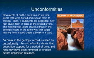 Unconformities
Movements of Earth s crust can lift up rock
layers that were buried and expose them to
erosion. Then, if sediments are deposited, new
rock layers form in place of the eroded layers.
The missing rock layers create a break in the
geologic record in the same way that pages
missing from a book create a break in a story.
*A break in the geologic record is called an
unconformity. An unconformity shows that
deposition stopped for a period of time, and
rock may have been removed by erosion
before deposition resumed.
 