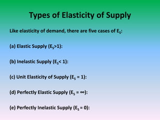 Types of Elasticity of Supply
Like elasticity of demand, there are five cases of ES:
(a) Elastic Supply (ES>1):
(b) Inelastic Supply (ES< 1):
(c) Unit Elasticity of Supply (ES = 1):
(d) Perfectly Elastic Supply (ES = ∞):
(e) Perfectly Inelastic Supply (ES = 0):
 