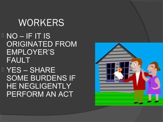 WORKERS
 NO – IF IT IS
ORIGINATED FROM
EMPLOYER’S
FAULT
 YES – SHARE
SOME BURDENS IF
HE NEGLIGENTLY
PERFORM AN ACT
 