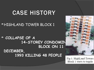 CASE HISTORY
HIGHLAND TOWER BLOCK 1
 COLLAPSE OF A
14-STOREY CONDOMINIUM
BLOCK ON 11
DECEMBER,
1993 KILLING 48 PEOPLE
 