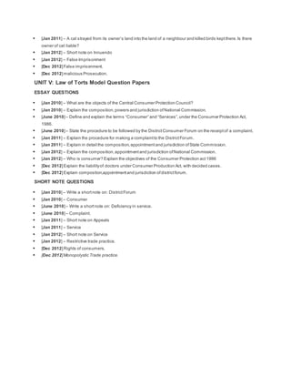  [Jan 2011] – A cat strayed from its owner’s land into the land of a neighbour and killed birds keptthere.Is there
owner of cat liable?
 [Jan 2012] – Short note on Innuendo
 [Jan 2012] – False Imprisonment
 [Dec 2012]False imprisonment.
 [Dec 2012]malicious Prosecution.
UNIT V: Law of Torts Model Question Papers
ESSAY QUESTIONS
 [Jan 2010] – What are the objects of the Central Consumer Protection Council?
 [Jan 2010] – Explain the composition,powers and jurisdiction ofNational Commission.
 [June 2010]– Define and explain the terms “Consumer” and “Services”,under the Consumer Protection Act,
1986.
 [June 2010]– State the procedure to be followed by the DistrictConsumer Forum on the receiptof a complaint.
 [Jan 2011] – Explain the procedure for making a complaintto the DistrictForum.
 [Jan 2011] – Explain in detail the composition,appointmentand jurisdiction ofState Commission.
 [Jan 2012] – Explain the composition,appointmentand jurisdiction ofNational Commission.
 [Jan 2012] – Who is consumer? Explain the objectives of the Consumer Protection act1986
 [Dec 2012]Explain the liabilityof doctors under Consumer Production Act, with decided cases.
 [Dec 2012]Explain compostion,appointmentand jurisdiction ofdistrictforum.
SHORT NOTE QUESTIONS
 [Jan 2010] – Write a shortnote on: DistrictForum
 [Jan 2010] – Consumer
 [June 2010]– Write a shortnote on: Deficiency in service.
 [June 2010]– Complaint.
 [Jan 2011] – Short note on Appeals
 [Jan 2011] – Service
 [Jan 2012] – Short note on Service
 [Jan 2012] – Restrictive trade practice.
 [Dec 2012]Rights of consumers.
 [Dec 2012]Monopolystic Trade practice.
 