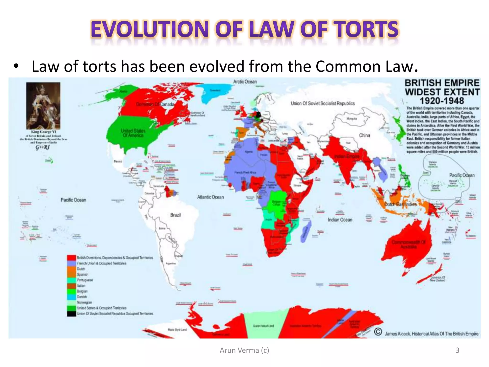• Law of torts has been evolved from the Common Law.
Arun Verma (c) 3
 