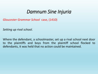 Damnum Sine Injuria
Gloucester Grammar School case, (1410)
Setting up rival school.
Where the defendant, a schoolmaster, set up a rival school next door
to the plaintiffs and boys from the plaintiff school flocked to
defendants, it was held that no action could be maintained.
 