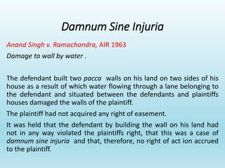 Damnum Sine Injuria
Anand Singh v. Ramachandra, AIR 1963
Damage to wall by water .
The defendant built two pacca walls on his land on two sides of his
house as a result of which water flowing through a lane belonging to
the defendant and situated between the defendants and plaintiffs
houses damaged the walls of the plaintiff.
The plaintiff had not acquired any right of easement.
It was held that the defendant by building the wall on his land had
not in any way violated the plaintiffs right, that this was a case of
damnum sine injuria and that, therefore, no right of act ion accrued
to the plaintiff.
 
