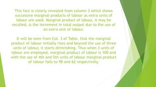 This fact is clearly revealed from column 3 which shows
successive marginal products of labour as extra units of
labour are used. Marginal product of labour, it may be
recalled, is the increment in total output due to the use of
an extra unit of labour.
It will be seen from Col. 3 of Table. that the marginal
product of labour initially rises and beyond the use of three
units of labour, it starts diminishing. Thus when 3 units of
labour are employed, marginal product of labour is 100 and
with the use of 4th and 5th units of labour marginal product
of labour falls to 98 and 62 respectively.
 