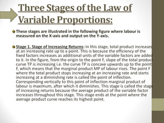Three Stages of the Law of
Variable Proportions:
These stages are illustrated in the following figure where labour is
measured on the X-axis and output on the Y-axis.
Stage 1. Stage of Increasing Returns: In this stage, total product increases
at an increasing rate up to a point. This is because the efficiency of the
fixed factors increases as additional units of the variable factors are added
to it. In the figure, from the origin to the point F, slope of the total product
curve TP is increasing i.e. the curve TP is concave upwards up to the point
F, which means that the marginal product MP of labour rises. The point F
where the total product stops increasing at an increasing rate and starts
increasing at a diminishing rate is called the point of inflection.
Corresponding vertically to this point of inflection marginal product of
labour is maximum, after which it diminishes. This stage is called the stage
of increasing returns because the average product of the variable factor
increases throughout this stage. This stage ends at the point where the
average product curve reaches its highest point.
 