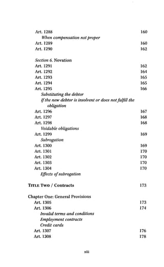 Art. 1288 160
When compensation not proper
Art. 1289 160
Art. 1290 162
Section 6. Novation
Art. 1291 162
Art. 1292 164
Art. 1293 165
Art. 1294 165
Art. 1295 166
Substituting the debtor
Ifthe new debtor is insolventor does notfulfill the
Obligation
Art. 1296 167
Art. 1297 168
Art. 1298 168
Voidable obligations
Art. 1299 169
Subrogation
Art. 1300 169
Art. 1301 170
Art. 1302 170
Art. 1303 170
Art. 1304 170
Effects of Subrogation
TITLE TWO / Contracts 173
Chapter One: General Provisions
Art. 1305 173
Art. 1306 174
Invalid terms and conditions
Employment contracts
Credit cards
Art. 1307 176
Art. 1308 178
xiii
 