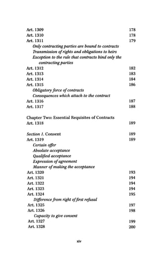 Art. 1309 178
Art. 1310 178
Art.1311 179
Only contracting partiesare bound to contracts
Transmission of rights and obligations to heirs
Exception to the rule thatcontracts bind onlythe
contracting parties
Art. 1312 182
Art. 1313 183
Art. 1314 184
Art. 1315 186
Obligatory force of contracts
Consequences which attach to the contract
Art. 1316 187
Art. 1317 188
Chapter Two: Essential Requisites of Contracts
Art. 1318 189
Section 1.Consent 189
Art. 1319 189
Certain offer
Absolute acceptance
Qualified acceptance
Expression of agreement
Manner ofmaking the acceptance
Art. 1320 193
Art.1321 194
Art. 1322 194
Art.1323 194
Art. 1324 195
Difference from right of first refusal
Art. 1325 197
Art. 1326 198
Capacity to give consent
Art. 1327 199
Art. 1328 200
xiv
 