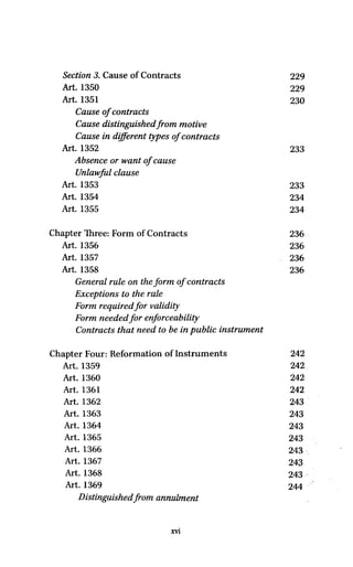Section 3. Cause of Contracts 229
Art. 1350 229
Art. 1351 230
Cause of contracts
Cause distinguished from motive
Cause in different types of contracts
Art. 1352 233
Absence or want of cause
Unlawful clause
Art. 1353 233
Art. 1354 234
Art. 1355 234
Chapter Three: Form of Contracts 236
Art. 1356 236
Art. 1357 236
Art. 1358 236
General rule on the form of contracts
Exceptions to the rule
Form required for validity
Form needed for enforceability
Contracts that need to be in public instrument
Chapter Four: Reformation of Instruments 242
Art. 1359 242
Art. 1360 242
Art. 1361 242
Art. 1362 243
Art. 1363 243
Art. 1364 243
Art. 1365 243
Art. 1366 243
Art. 1367 243
Art. 1368 243
Art. 1369 244
Distinguishedfrom annulment
xvi
 