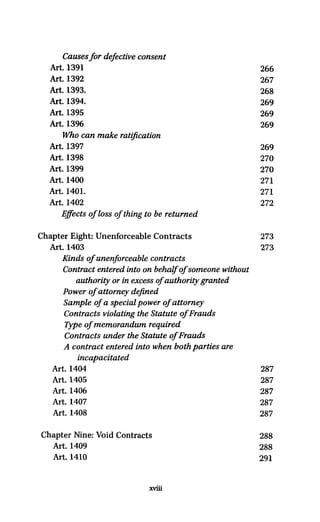 Causes for defectiveconsent
Art. 1391 266
Art. 1392 267
Art. 1393. 268
Art. 1394. 269
Art. 1395 269
Art. 1396 269
Who can make ratification
Art. 1397 269
Art. 1398 270
Art. 1399 270
Art. 1400 271
Art. 1401. 271
Art. 1402 272
Effects ofloss ofthing to be returned
Chapter Eight: Unenforceable Contracts 273
Art. 1403 273
Kinds of unenforceable contracts
Contract entered into onbehalf of someone without
authority orin excess ofauthoritygranted
Power of attorney defined
Sample ofa special power of attorney
Contracts violating the Statute ofFrauds
Type of memorandum required
Contracts under the Statute ofFrauds
A contract entered into when both partiesare
incapacitated
Art. 1404 287
Art. 1405 287
Art. 1406 287
Art. 1407 287
Art. 1408 287
Chapter Nine: Void Contracts 288
Art. 1409 288
Art. 1410 291
xviii
 
