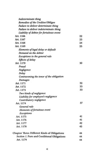 Indeterminate thing
Remedies of the Creditor/Obligee
Failure to deliver determinate thing
Failure to deliver indeterminate thing
Liability ofdebtorforfortuitous event
Art. 1166
Art. 1167
Art. 1168
Art. 1169
Elements of legal delayor default
Demand on the debtor
Exceptions to the generalrule
Effects of delay
Art. 1170
Fraud
Negligence
Delay
Contravening the tenor of theObligation
Damages
Art. 1171
Art. 1172
Art. 1173
Two kinds of negligence
Liability for employee's negligence
Contributory negligence
Art. 1174
General rule
Elements of fortuitous event
Exceptions
Art. 1175
Art. 1176
Art. 1177
Art. 1178
Chapter Ihree: Different Kinds of Obligations
Section 1.Pure and Conditional Obligations
Art. 1179
22
23
24
25
30
32
33
33
37
41
41
42
43
44
44
44
vi
 