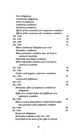 Pure obligations
Conditional obligations
Kinds of conditions
Suspensive conditions
Resolutory conditions
Effects of the occurrence ofa suspensive condition
Effects of the occurrence of a resolutory condition
Art. 1180
Art. 1181
Art. 1182
Art. 1183
When conditional obligations are void
Potestative conditions
When potestative condition does not lead to
contract's invalidity
Impossible and illegal conditions
When impossible condition does notlead to
contract's invalidity
Art. 1184
Art. 1185
Positive and negative suspensive conditions
Art. 1186
Constructive fulfillment
Art. 1187
Art. 1188
Retroactive effect of suspensive conditional
obligations
Rights of a creditor beforethe fulfillment ofa
suspensive condition
Art. 1189
Rules as to loss, deteriorationor improvement before
the occurrence ofthe suspensive condition
Art. 1190
Art. 1191
Reciprocal obligations
Alternative remedies underArt 1191
Good faith asthe basis of the right torescind
50
50
51
51
56
56
57
57
59
61
64
65
vii
 