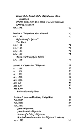 Extent ofthe breach oftheObligation to allow
rescission
Injuredparty mustgo to court to obtain rescission
Effect of rescission
Art. 1192 69
Section 2.Obligations with a Period 70
Art. 1193 70
Definition of a "period"
Two kinds
Art. 1194 71
Art. 1195 72
Art. 1196 72
Art. 1197 74
When courts can fix a period
Art. 1198 75
Section 3.Alternative Obligation 78
Art. 1199 78
Art. 1200 78
Art. 1201 78
Art. 1202 78
Art. 1203 79
Art. 1204 81
Art. 1205 82
Art. 1206 84
Facultative obligations
Section 4.Joint and Solidary Obligations 87
Art.1207 87
Art.1208 87
Art. 1209 87
Joint obligations
Joint divisible obligations
Nature of solidary obligations
How todetermine whether theObligation issolidary
Art. 1210 92
viii
 