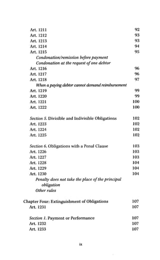 Art. 1211 92
Art. 1212 93
Art. 1213 93
Art. 1214 94
Art. 1215 95
Condonation/remission before payment
Condonation at the request of one debtor
Art. 1216 96
Art. 1217 96
Art. 1218 97
When a paying debtorcannot demandreimbursement
Art. 1219 99
Art. 1220 99
Art. 1221 100
Art. 1222 100
Section 5. Divisible and Indivisible Obligations 102
Art. 1223 102
Art. 1224 102
Art. 1225 102
Section 6.Obligations with a Penal Clause 103
Art. 1226 103
Art. 1227 103
Art. 1228 104
Art. 1229 104
Art. 1230 104
Penalty does not take the place of the principal
Obligation
Other rules
Chapter Four:Extinguishment of Obligations 107
Art. 1231 107
Section 1.Payment or Performance 107
Art. 1232 107
Art. 1233 107
ix
 