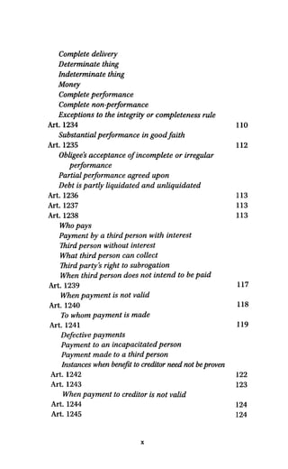 Complete delivery
Determinate thing
Indeterminate thing
Money
Complete Performance
Complete non-performance
Exceptions to the integrityor completeness rule
Art. 1234 110
SubstantialPerformance in goodfaith
Art. 1235 112
Obligee's acceptance of incomplete or irregulär
Performance
PartialPerformance agreed upon
Debt is partlyliquidated and unliquidated
Art. 1236 113
Art. 1237 113
Art. 1238 113
Who pays
Payment by a third person with interest
Third person without interest
What third person can collect
Third party's right to Subrogation
When third person does not intend to be paid
Art. 1239 117
When payment is not valid
Art. 1240 118
To whom payment is made
Art. 1241 119
Defective payments
Payment to an incapacitatedperson
Payment made to a third person
Instances when benefitto creditor need not be proven
Art. 1242 122
Art. 1243 123
When payment tocreditor is not valid
Art. 1244 124
Art. 1245 124
x
 