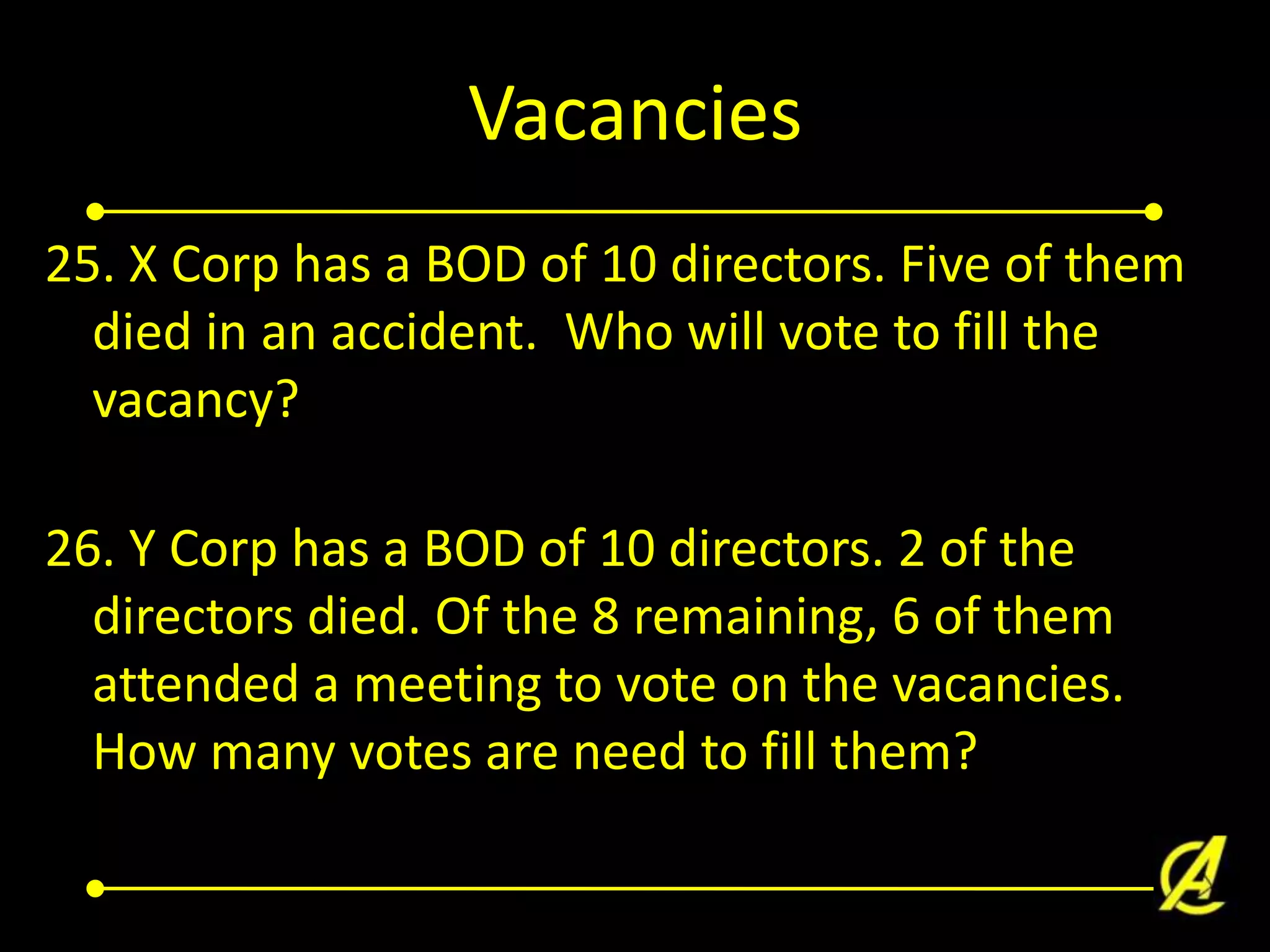 Vacancies
25. X Corp has a BOD of 10 directors. Five of them
died in an accident. Who will vote to fill the
vacancy?

26. Y Corp has a BOD of 10 directors. 2 of the
directors died. Of the 8 remaining, 6 of them
attended a meeting to vote on the vacancies.
How many votes are need to fill them?

 
