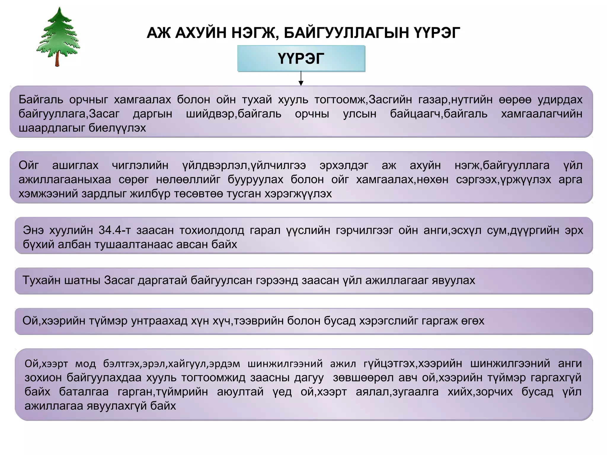 АЖ АХУЙН НЭГЖ, БАЙГУУЛЛАГЫН ҮҮРЭГ
                                           ҮҮРЭГ

Байгаль орчныг хамгаалах болон ойн тухай хууль тогтоомж,Засгийн газар,нутгийн өөрөө удирдах
байгууллага,Засаг даргын шийдвэр,байгаль орчны улсын байцаагч,байгаль хамгаалагчийн
шаардлагыг биелүүлэх


Ойг ашиглах чиглэлийн үйлдвэрлэл,үйлчилгээ эрхэлдэг аж ахуйн нэгж,байгууллага үйл
ажиллагааныхаа сөрөг нөлөөллийг бууруулах болон ойг хамгаалах,нөхөн сэргээх,үржүүлэх арга
хэмжээний зардлыг жилбүр төсөвтөө тусган хэрэгжүүлэх


Энэ хуулийн 34.4-т заасан тохиолдолд гарал үүслийн гэрчилгээг ойн анги,эсхүл сум,дүүргийн эрх
бүхий албан тушаалтанаас авсан байх


Тухайн шатны Засаг даргатай байгуулсан гэрээнд заасан үйл ажиллагааг явуулах


Ой,хээрийн түймэр унтраахад хүн хүч,тээврийн болон бусад хэрэгслийг гаргаж өгөх


Ой,хээрт мод бэлтгэх,эрэл,хайгуул,эрдэм шинжилгээний ажил гүйцэтгэх,хээрийн шинжилгээний анги
зохион байгуулахдаа хууль тогтоомжид заасны дагуу зөвшөөрөл авч ой,хээрийн түймэр гаргахгүй
байх баталгаа гарган,түймрийн аюултай үед ой,хээрт аялал,зугаалга хийх,зорчих бусад үйл
ажиллагаа явуулахгүй байх
 