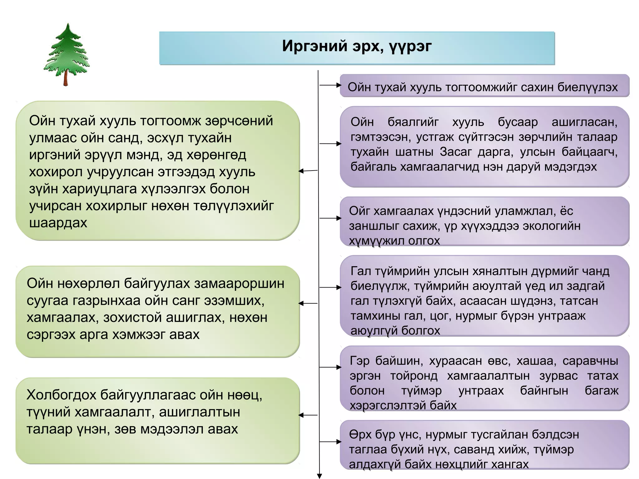 Иргэний эрх, үүрэг

                                            Ойн тухай хууль тогтоомжийг сахин биелүүлэх

Ойн тухай хууль тогтоомж зөрчсөний           Ойн бяалгийг хууль бусаар ашигласан,
улмаас ойн санд, эсхүл тухайн                гэмтээсэн, устгаж сүйтгэсэн зөрчлийн талаар
иргэний эрүүл мэнд, эд хөрөнгөд              тухайн шатны Засаг дарга, улсын байцаагч,
хохирол учруулсан этгээдэд хууль             байгаль хамгаалагчид нэн даруй мэдэгдэх
зүйн хариуцлага хүлээлгэх болон
учирсан хохирлыг нөхөн төлүүлэхийг           Ойг хамгаалах үндэсний уламжлал, ёс
шаардах                                      заншлыг сахиж, үр хүүхэддээ экологийн
                                             хүмүүжил олгох

                                             Гал түймрийн улсын хяналтын дүрмийг чанд
Ойн нөхөрлөл байгуулах замаароршин           биелүүлж, түймрийн аюултай үед ил задгай
суугаа газрынхаа ойн санг эзэмших,           гал түлэхгүй байх, асаасан шүдэнз, татсан
хамгаалах, зохистой ашиглах, нөхөн           тамхины гал, цог, нурмыг бүрэн унтрааж
сэргээх арга хэмжээг авах                    аюулгүй болгох

                                             Гэр байшин, хураасан өвс, хашаа, саравчны
                                             эргэн тойронд хамгаалалтын зурвас татах
Холбогдох байгууллагаас ойн нөөц,            болон түймэр унтраах байнгын багаж
                                             хэрэгслэлтэй байх
түүний хамгаалалт, ашиглалтын
талаар үнэн, зөв мэдээлэл авах               Өрх бүр үнс, нурмыг тусгайлан бэлдсэн
                                             таглаа бүхий нүх, саванд хийж, түймэр
                                             алдахгүй байх нөхцлийг хангах
 