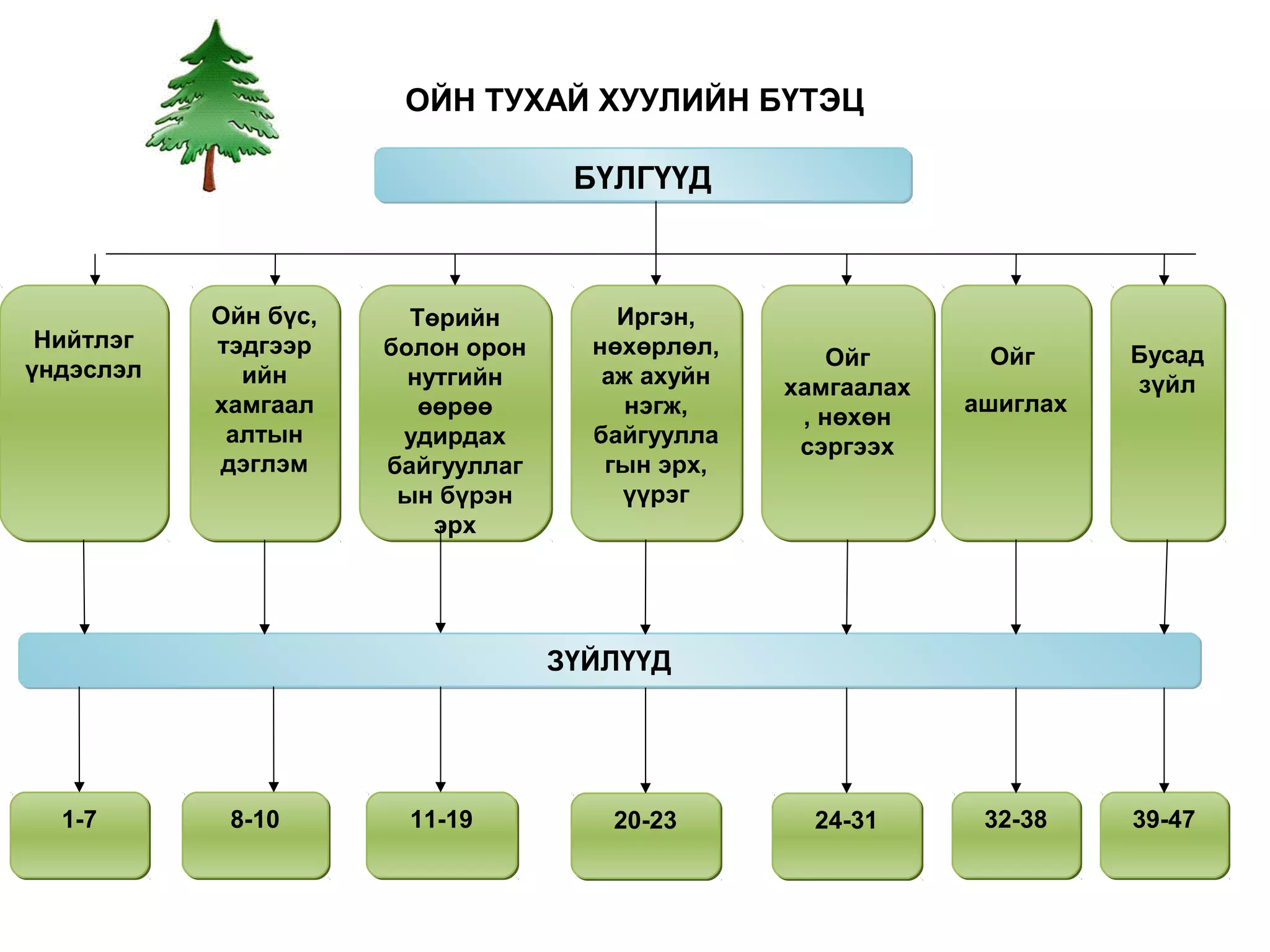 ОЙН ТУХАЙ ХУУЛИЙН БҮТЭЦ

                                    БҮЛГҮҮД



           Ойн бүс,     Төрийн         Иргэн,
 Нийтлэг   тэдгээр    болон орон     нөхөрлөл,       Ойг      Ойг      Бусад
үндэслэл     ийн        нутгийн       аж ахуйн   хамгаалах             зүйл
           хамгаал       өөрөө          нэгж,                ашиглах
                                                  , нөхөн
            алтын      удирдах       байгуулла    сэргээх
           дэглэм     байгууллаг      гын эрх,
                       ын бүрэн        үүрэг
                          эрх




                                   ЗҮЙЛҮҮД




  1-7       8-10       11-19          20-23        24-31      32-38    39-47
 