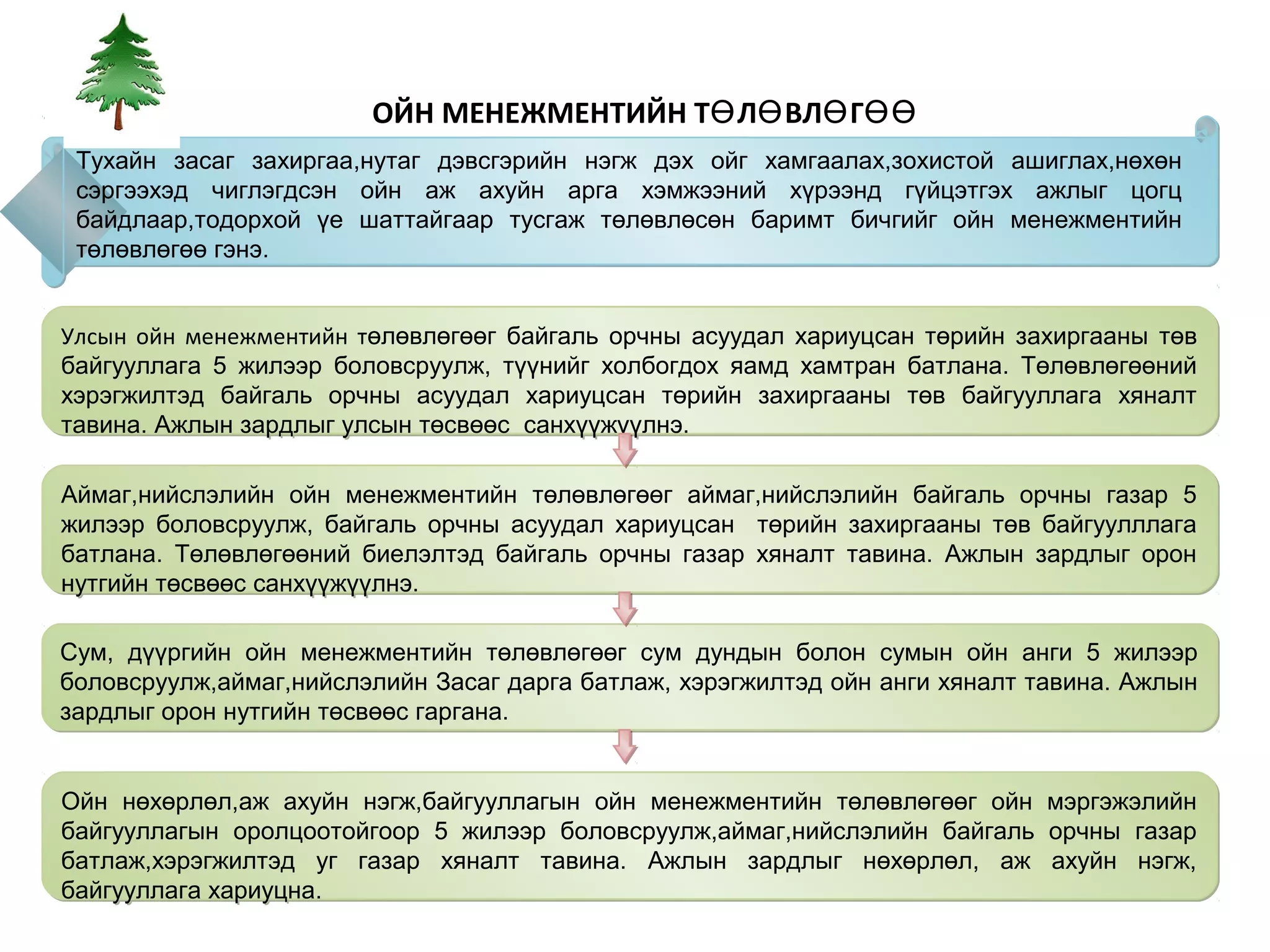ОЙН МЕНЕЖМЕНТИЙН ТӨ ЛӨ ВЛӨ ГӨӨ
 Тухайн засаг захиргаа,нутаг дэвсгэрийн нэгж дэх ойг хамгаалах,зохистой ашиглах,нөхөн
 сэргээхэд чиглэгдсэн ойн аж ахуйн арга хэмжээний хүрээнд гүйцэтгэх ажлыг цогц
 байдлаар,тодорхой үе шаттайгаар тусгаж төлөвлөсөн баримт бичгийг ойн менежментийн
 төлөвлөгөө гэнэ.


Улсын ойн менежментийн төлөвлөгөөг байгаль орчны асуудал хариуцсан төрийн захиргааны төв
байгууллага 5 жилээр боловсруулж, түүнийг холбогдох яамд хамтран батлана. Төлөвлөгөөний
хэрэгжилтэд байгаль орчны асуудал хариуцсан төрийн захиргааны төв байгууллага хяналт
тавина. Ажлын зардлыг улсын төсвөөс санхүүжүүлнэ.

Аймаг,нийслэлийн ойн менежментийн төлөвлөгөөг аймаг,нийслэлийн байгаль орчны газар 5
жилээр боловсруулж, байгаль орчны асуудал хариуцсан төрийн захиргааны төв байгуулллага
батлана. Төлөвлөгөөний биелэлтэд байгаль орчны газар хяналт тавина. Ажлын зардлыг орон
нутгийн төсвөөс санхүүжүүлнэ.

Сум, дүүргийн ойн менежментийн төлөвлөгөөг сум дундын болон сумын ойн анги 5 жилээр
боловсруулж,аймаг,нийслэлийн Засаг дарга батлаж, хэрэгжилтэд ойн анги хяналт тавина. Ажлын
зардлыг орон нутгийн төсвөөс гаргана.


Ойн нөхөрлөл,аж ахуйн нэгж,байгууллагын ойн менежментийн төлөвлөгөөг ойн     мэргэжэлийн
байгууллагын оролцоотойгоор 5 жилээр боловсруулж,аймаг,нийслэлийн байгаль    орчны газар
батлаж,хэрэгжилтэд уг газар хяналт тавина. Ажлын зардлыг нөхөрлөл, аж        ахуйн нэгж,
байгууллага хариуцна.
 