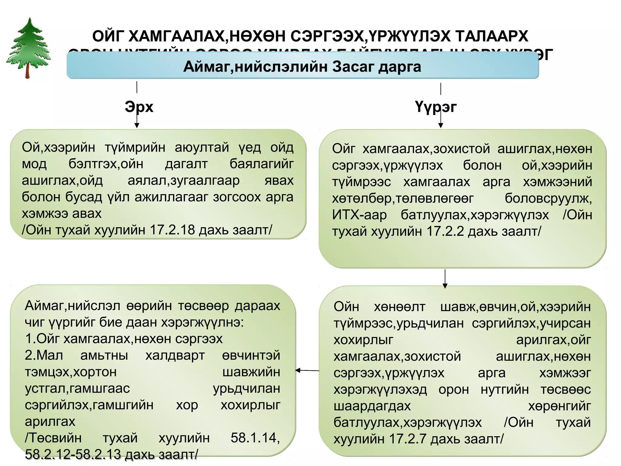 ОЙГ ХАМГААЛАХ,НӨХӨН СЭРГЭЭХ,ҮРЖҮҮЛЭХ ТАЛААРХ
      ОРОН НУТГИЙН ӨӨРӨӨ УДИРДАХ БАЙГУУЛЛАГЫН ЭРХ,ҮҮРЭГ
                 Аймаг,нийслэлийн Засаг дарга

               Эрх                                     Үүрэг

Ой,хээрийн түймрийн аюултай үед ойд        Ойг хамгаалах,зохистой ашиглах,нөхөн
мод    бэлтгэх,ойн   дагалт    баялагийг   сэргээх,үржүүлэх болон ой,хээрийн
ашиглах,ойд     аялал,зугаалгаар    явах   түймрээс хамгаалах арга хэмжээний
болон бусад үйл ажиллагааг зогсоох арга    хөтөлбөр,төлөвлөгөөг       боловсруулж,
хэмжээ авах                                ИТХ-аар батлуулах,хэрэгжүүлэх /Ойн
/Ойн тухай хуулийн 17.2.18 дахь заалт/     тухай хуулийн 17.2.2 дахь заалт/




Аймаг,нийслэл өөрийн төсвөөр дараах        Ойн хөнөөлт шавж,өвчин,ой,хээрийн
чиг үүргийг бие даан хэрэгжүүлнэ:          түймрээс,урьдчилан сэргийлэх,учирсан
1.Ойг хамгаалах,нөхөн сэргээх              хохирлыг                    арилгах,ойг
2.Мал амьтны халдварт өвчинтэй             хамгаалах,зохистой       ашиглах,нөхөн
тэмцэх,хортон                 шавжийн      сэргээх,үржүүлэх      арга      хэмжээг
устгал,гамшгаас             урьдчилан      хэрэгжүүлэхэд орон нутгийн төсвөөс
сэргийлэх,гамшгийн      хор  хохирлыг      шаардагдах                    хөрөнгийг
арилгах                                    батлуулах,хэрэгжүүлэх     /Ойн    тухай
/Төсвийн    тухай    хуулийн 58.1.14,      хуулийн 17.2.7 дахь заалт/
58.2.12-58.2.13 дахь заалт/
 