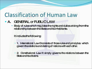 Classification of Human Law A. GENERAL or PUBLIC LAW Body of rules which regulates the rights and duties arising from the relationship between the State and its inhabitants. It includes the following: 1.  International Law – consists of those rules and principles  which govern the relations and dealing of nations with each other. 2.  Constitutional Law It simply governs the relations between the State and its citizens. 
