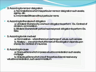 3. According to name or designation a. Nominate – one which has particular name or designation such as sale,  agency, etc. b. Innominate – those without particular name. 4. According to the nature of obligation   a. Unilateral – where only one ha an obligation to perform.  Ex. Contract of  donation, commodation. b. Bilateral – where both parties have reciprocal obligation to perform. Ex.  Sale. 5. According to risk involved   a. Commutative -  where there is an exchange of values, such as lease.   b. Aleatory -  one which the fulfillment of the obligation depends upon  chance. Ex. Contract of insurance. 6. According to cause   a. Onerous – one which imposes valuable consideration such as sale,  mortgage.   b. Gratuitous – one which one of the parties does not receive any  valuable consideration, such as commodatum. 