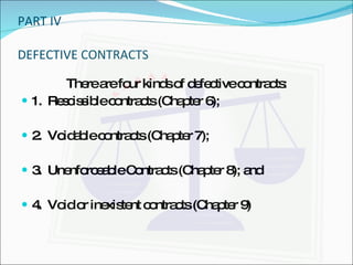 PART IV DEFECTIVE CONTRACTS There are four kinds of defective contracts: 1.  Rescissible contracts (Chapter 6); 2.  Voidable contracts (Chapter 7); 3.  Unenforceable Contracts (Chapter 8); and 4.  Void or inexistent contracts (Chapter 9) 