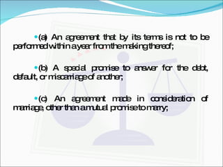 (a) An agreement that by its terms is not to be performed within a year from the making thereof; (b) A special promise to answer for the debt, default, or miscarriage of another; (c) An agreement made in consideration of marriage, other than a mutual promise to marry; 